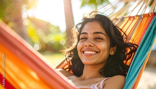 Fototapeta Smiling woman relaxing in bright hammock with sunlit trees in background