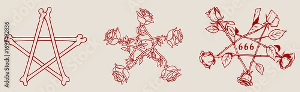 Fototapeta Set of occult pentagram symbols with bones, roses