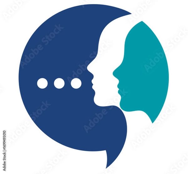 Fototapeta Abstract logo with human profiles inside speech bubble, symbolizing dialogue, mediation and conflict resolution through communication, cooperation, psychology, teamwork and problem solving