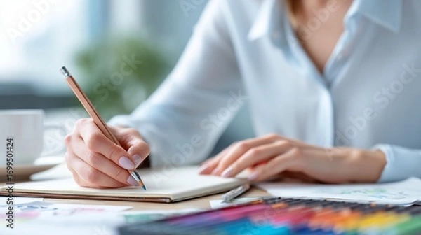 Fototapeta Person writing in notebook