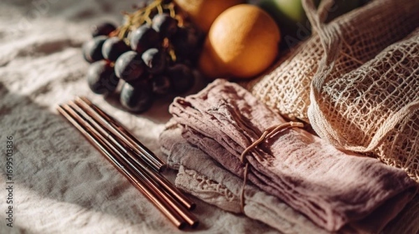 Fototapeta Reusable straws and produce in reusable bag