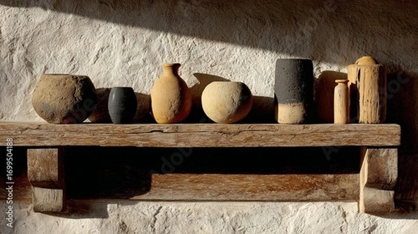 Fototapeta Rustic shelf decorated with pottery