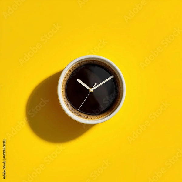 Fototapeta Coffee clock on yellow background. creative idea. minimal concept