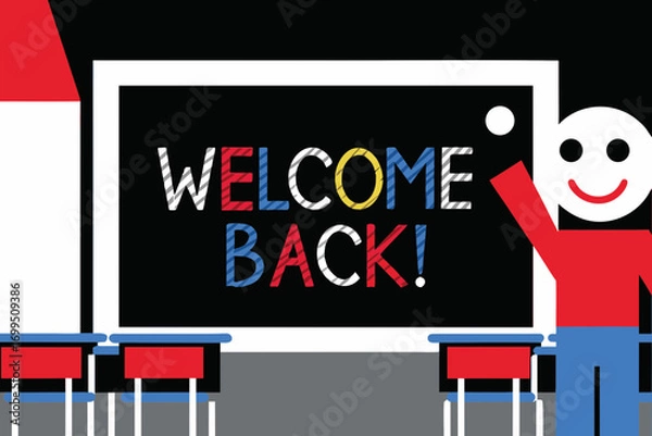 Fototapeta Colorful illustration of a cheerful character welcoming students back to school with a vibrant blackboard and classroom setting, capturing the essence of the back-to-school season