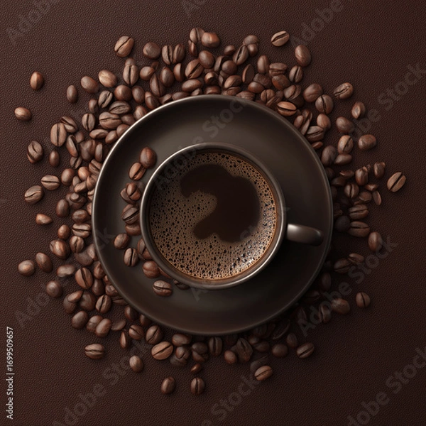Fototapeta Coffee cup with beans on dark brown background. 3d rendering