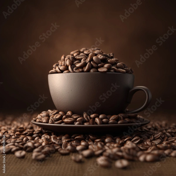 Fototapeta Coffee cup with beans on dark brown background. 3d rendering