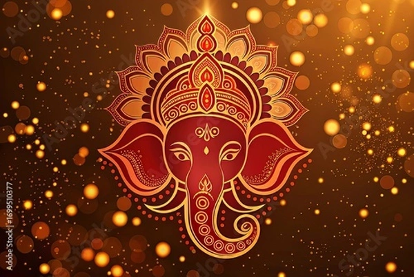 Obraz Colorful Lord Ganesha Idol with Festive Decorations and Spiritual Background for Ganesh Chaturthi Celebration