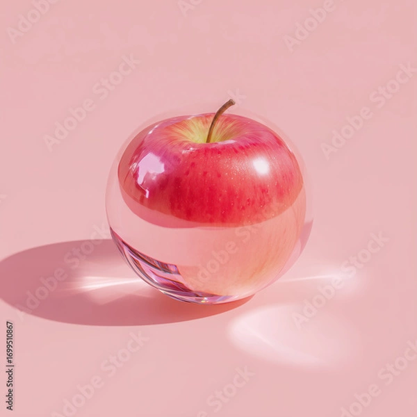 Fototapeta Globe sphere orb Apple concepts on pastel pink background. minimal idea food and fruit concept. An idea creative to produce work within an advertising marketing communications. Business concepts