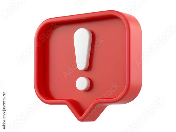 Fototapeta Attention exclamation mark in red speech bubble. 3d icon illustration isolated on transparent background. Danger, warning message, be aware concept.