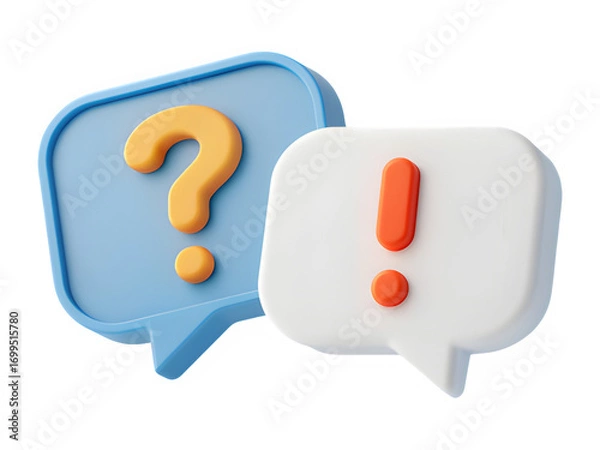 Fototapeta 3d question and exclamation marks in speech bubble. Concept of FAQ, support and help. Problem, survey, information. 3d illustration icon isolated on transparent background, png.