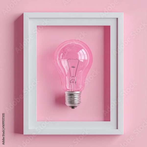 Fototapeta Pink light bulb in white frame on pink background - Concept of woman and creativity