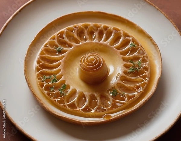 Fototapeta Caramel Flan with Swirl Pattern and Fresh Herb Garnish