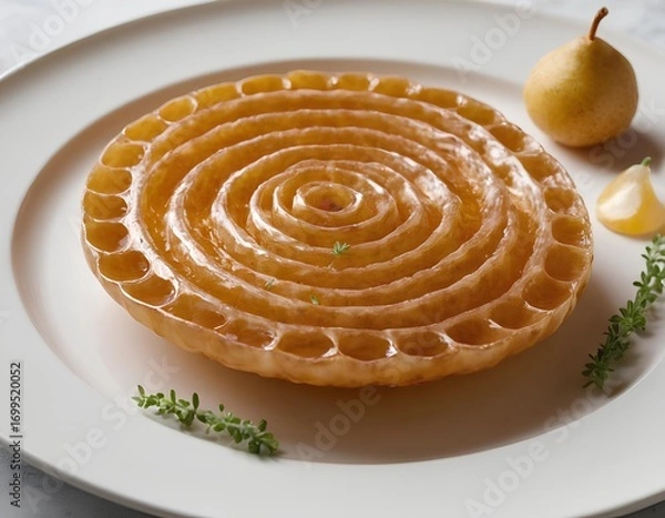 Fototapeta Caramel Flan with Swirl Pattern and Fresh Herb Garnish