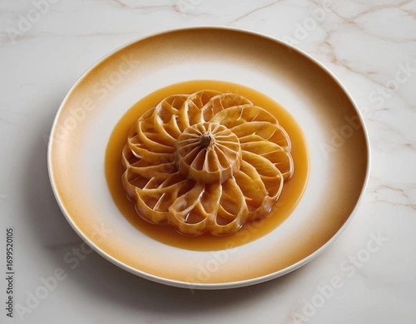 Fototapeta Caramel Flan with Swirl Pattern and Fresh Herb Garnish