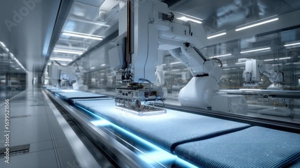 Obraz Automated manufacturing line with robotic arms, conveyor belt, and components