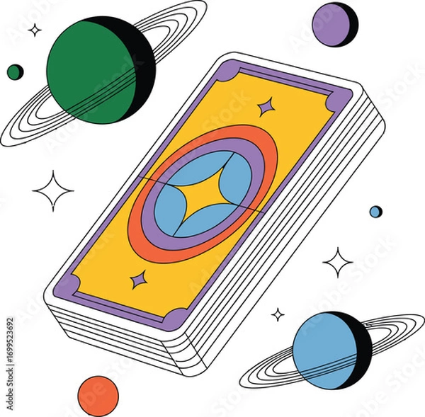 Fototapeta Stack of colorful tarot cards with planets and stars