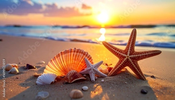 Obraz Seashells at sunset on shore