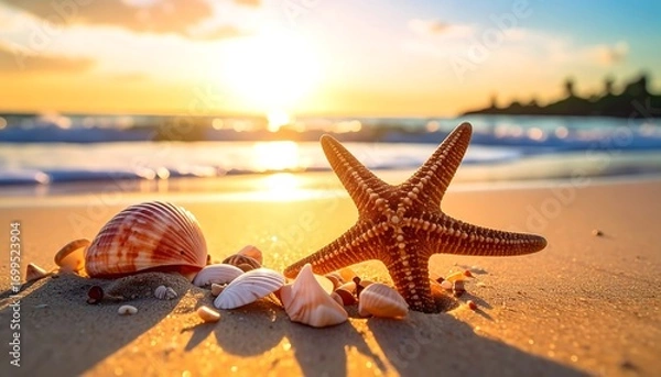 Obraz Seashells, starfish at sunset