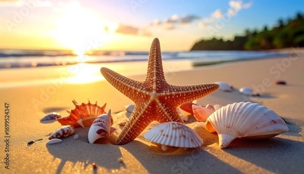 Obraz Starfish and shells sunset