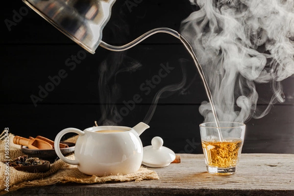 Fototapeta Hot tea is poured into glasses with steam. Teacups are placed on the table in the warm atmosphere of morning sunlight.