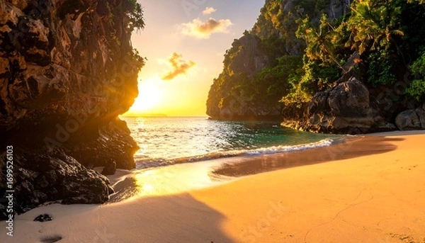 Obraz Sunset over cove with beach