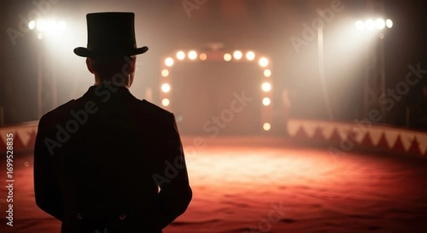 Fototapeta A person in formal attire, likely a ringmaster, stands back and looks towards a circus ring's illuminated stage.