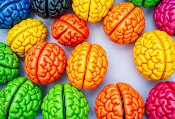 Fototapeta Vibrant colored brains arranged in a flatlay composition,  cerebral cortex,  neuroscience