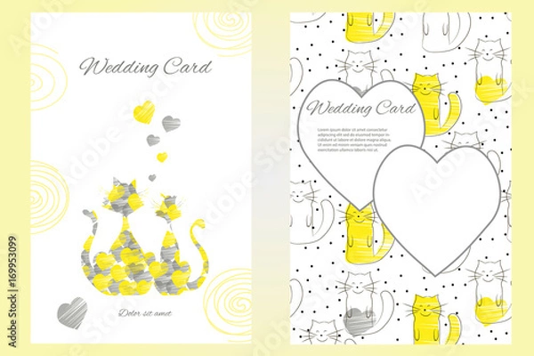 Fototapeta Two-sided wedding invitation template or greeting card with funny loving cats.