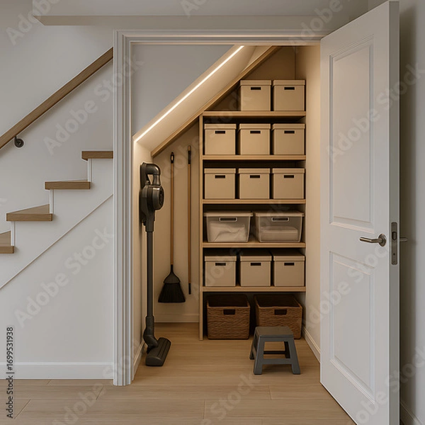 Fototapeta Well-organized storage space under the stairs with shelves, boxes, and cleaning supplies in a modern home