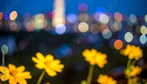 Obraz Night city bokeh with wildflowers