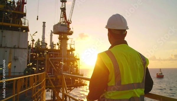 Obraz Oil rig worker at sunset