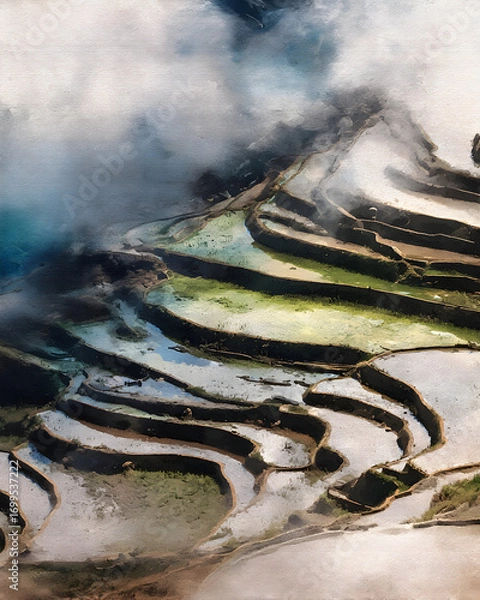 Fototapeta Rice terraces cascade down the mountainside in Yunnan, China, reflecting the sky and clouds in their flooded fields, creating a serene and picturesque landscape.