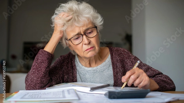 Fototapeta Unhappy senior woman calculating bills with calculator and notebook, worried expression.