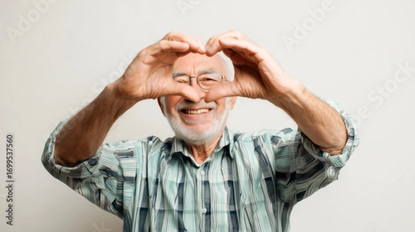 Fototapeta Happy elderly man making heart shape with hands, plain light background, cheerful emotion.