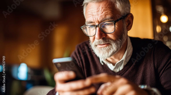 Fototapeta Senior man using smartphone banking app, modern digital finance.