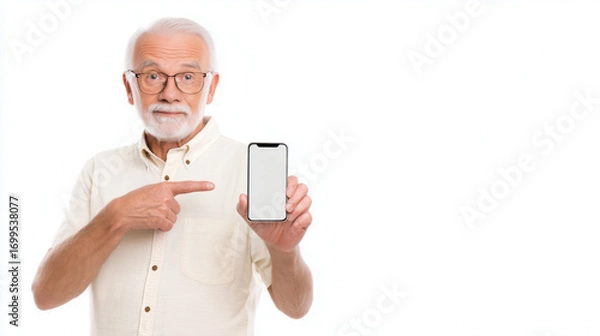 Fototapeta Elderly man holding smartphone and pointing at screen, isolated on white background.
