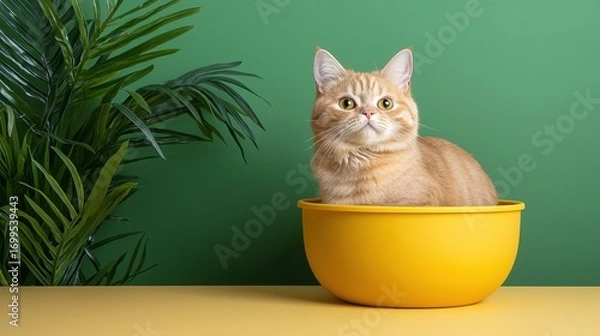 Fototapeta Cute ginger cat sitting in a vibrant yellow bowl against a green backdrop with lush palm leaves and colorful surface