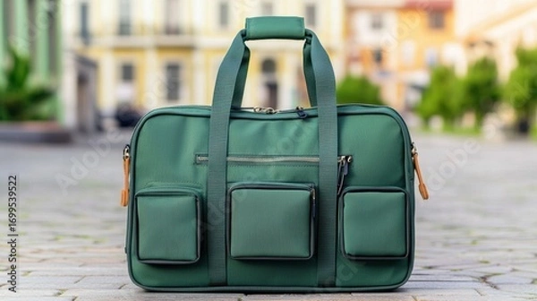 Fototapeta Stylish Green Travel Bag with Multiple Pockets for Versatile Outdoor and Urban Use