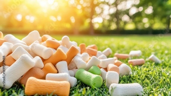 Fototapeta Colorful Packing Peanuts Piled on Lush Green Grass in Bright Sunlight During Summer