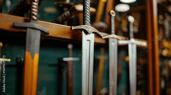 Fototapeta Collection of various swords displayed on wooden rack in antique shop with a blurred background and soft lighting