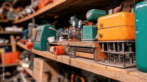Fototapeta Vintage Hand Tools and Collectible Equipment on Rustic Wooden Shelf in Workshop Environment