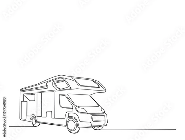 Fototapeta Continuous line art drawing of motor caravan vehicle. Camper van in single line art drawing vector illustration. Editable stroke.