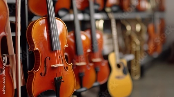 Fototapeta Colorful Collection of Violins and Guitars Displayed Neatly in a Music Store Showroom for Musical Enthusiasts