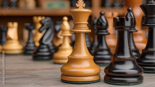 Fototapeta Elegant Wooden Chess Pieces on a Rustic Table with Black and Brown Contrast in a Cozy Game Room