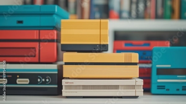 Fototapeta Colorful Retro Gaming Consoles Displayed on Shelf with Books in Background
