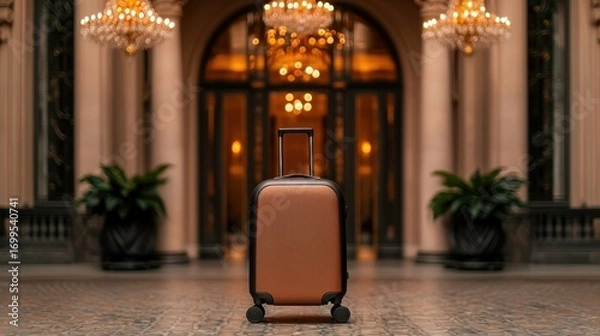 Fototapeta Stylish travel suitcase in luxurious hotel lobby with elegant chandeliers and greenery around