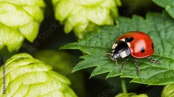 Fototapeta Vibrant Ladybug on Green Leaf Surrounded by Fresh Hops and Lush Foliage in a Bright Nature Setting