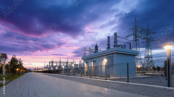 Fototapeta Electric power substation sunset with dramatic sky, high voltage towers, transmission lines, and modern infrastructure, calm and strategic