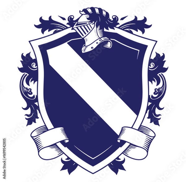Fototapeta Elegant heraldic shield design featuring helmet banner and flourishes in classic dark blue