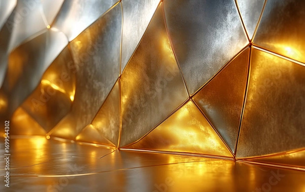 Fototapeta Abstract Gold and Silver Geometric Wall with Triangular Panels and Metallic Reflections